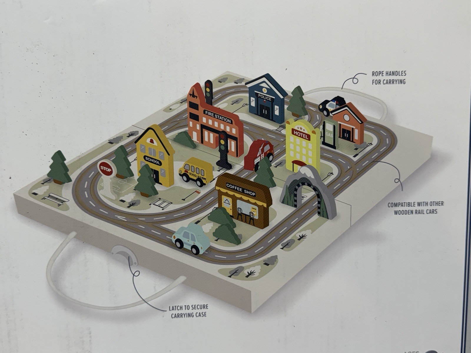 Pottery Barn Kids Neighborhood Train Set Wooden 24 Pc Carrying Case NEW In Box