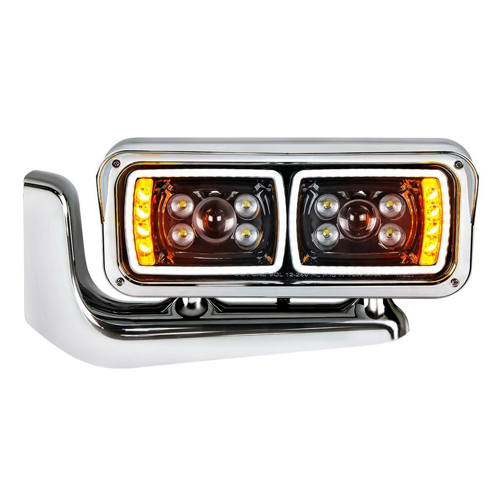 Pair All LED Blackout Headlights - Full Assembly w/ Mounting Arms For Peterbilt