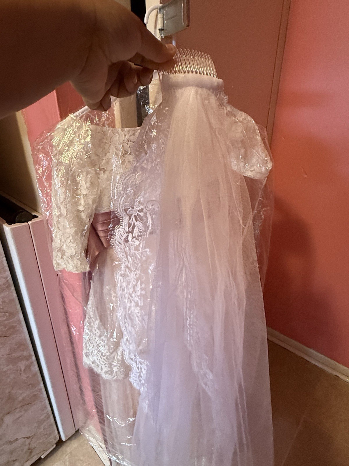 Lace A-Line Boat Neck Wedding Dress with Veil and Purple Sash