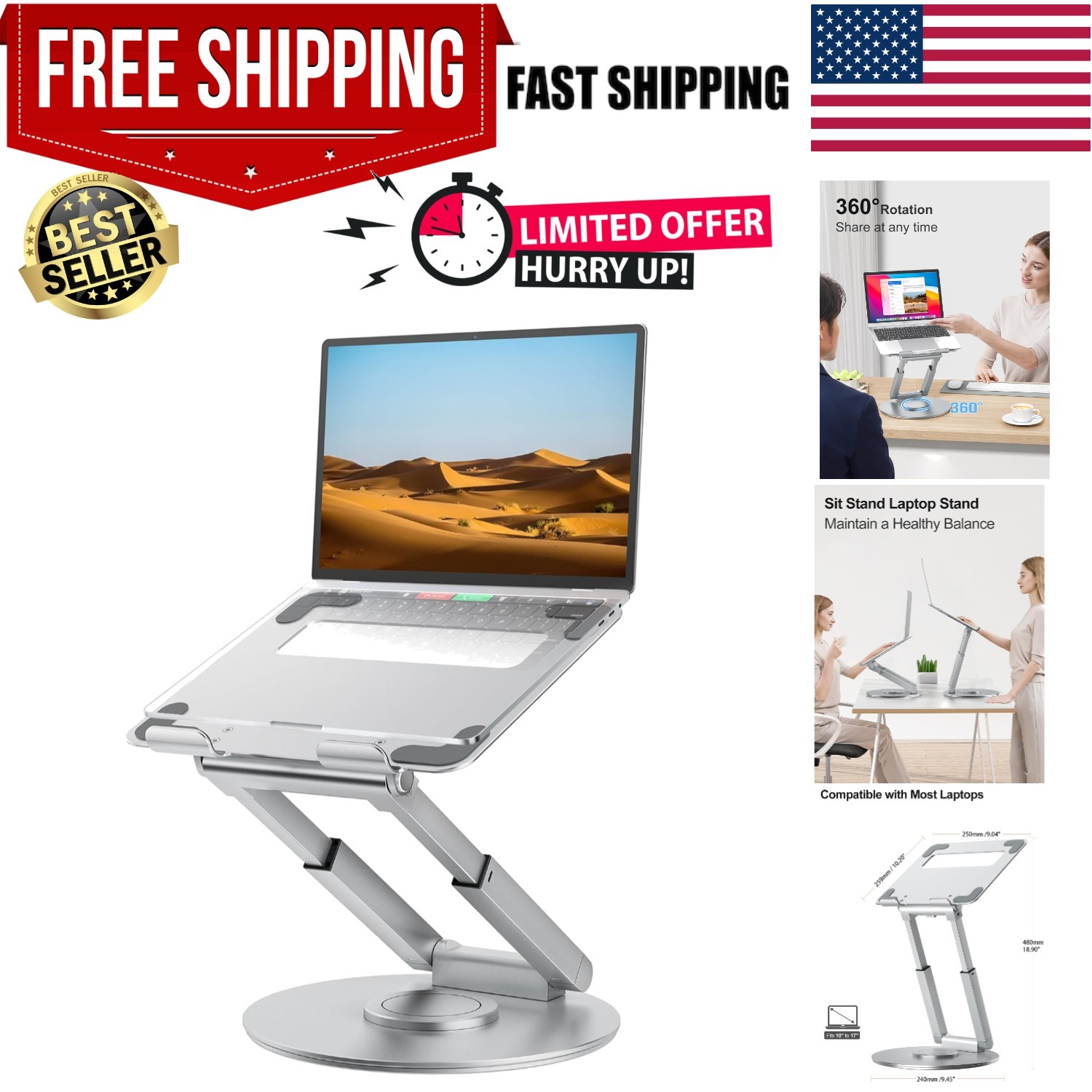Height Adjustable Laptop Riser with Swivel Base – Perfect for Healthy Posture