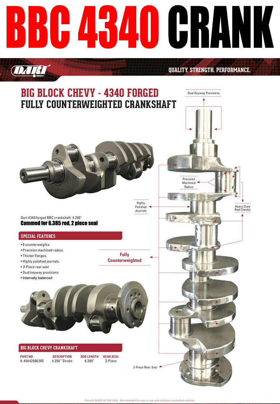 DART 9-45442506385 BBC 4340 CRANKSHAFT 4.250 STROKE 6.385 ROD 2 PIECE SEAL NEW