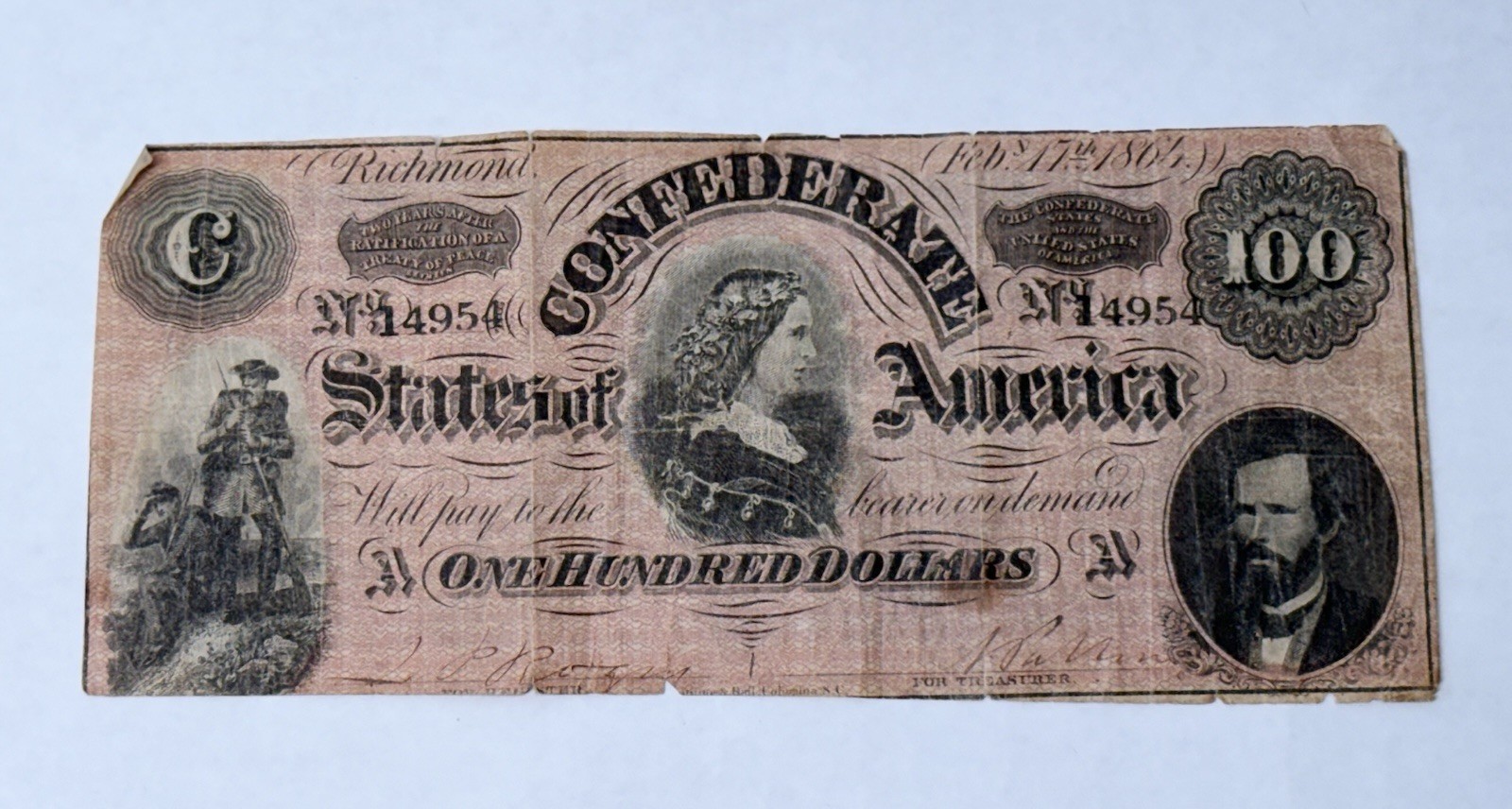 1864 Confederate $100 Bill Civil War Currency CSA Note Richmond Lucy Pickens