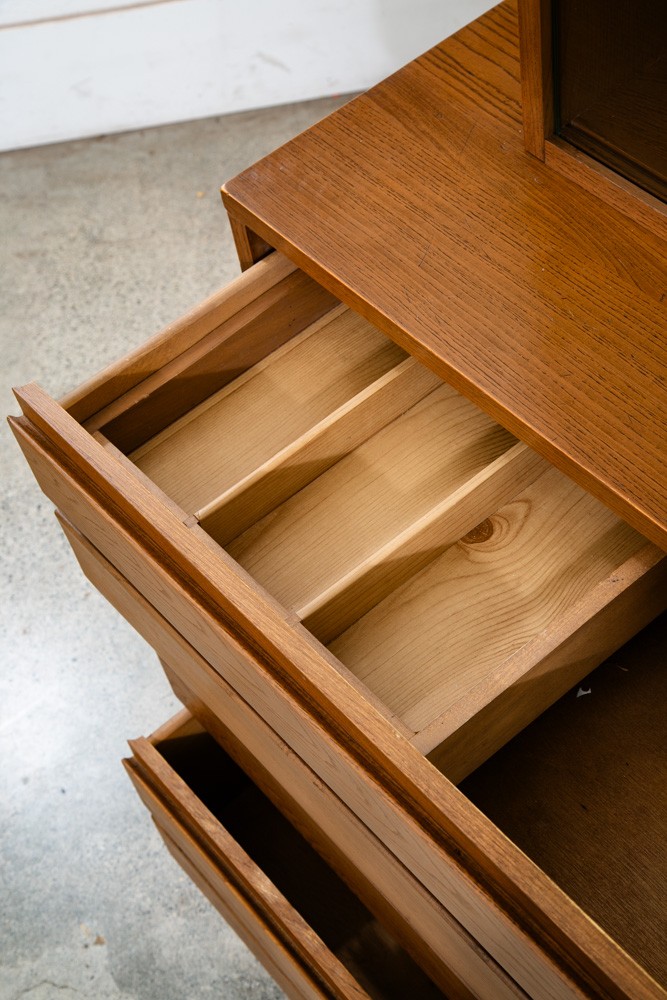 Mid Century Modern China Cabinet 3 Drawers Solid Wood MCM Vintage Hutch Glass