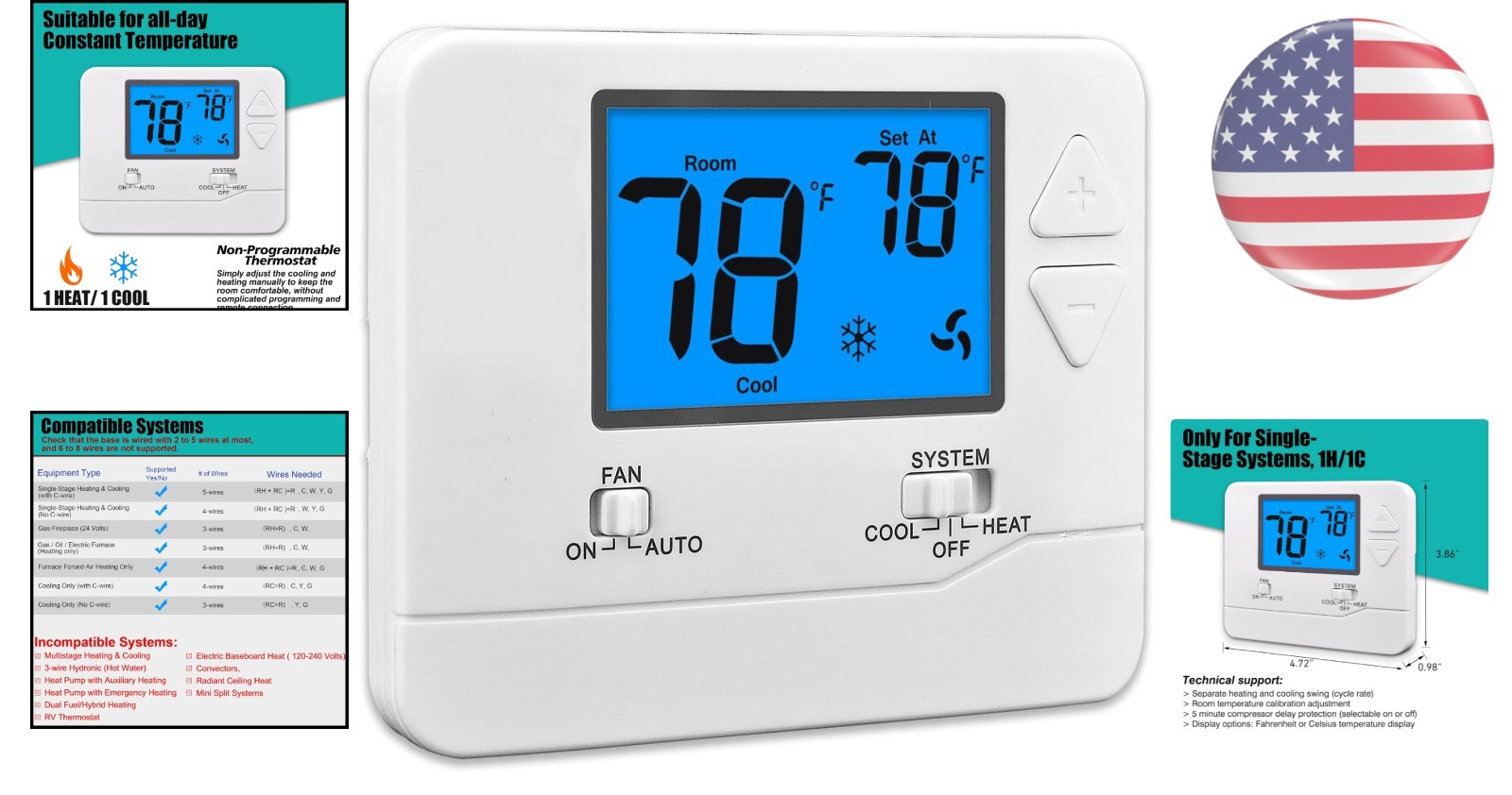 Digital Non-Programmable Thermostat 1 Heat/1 Cool - Easy Push Button Control