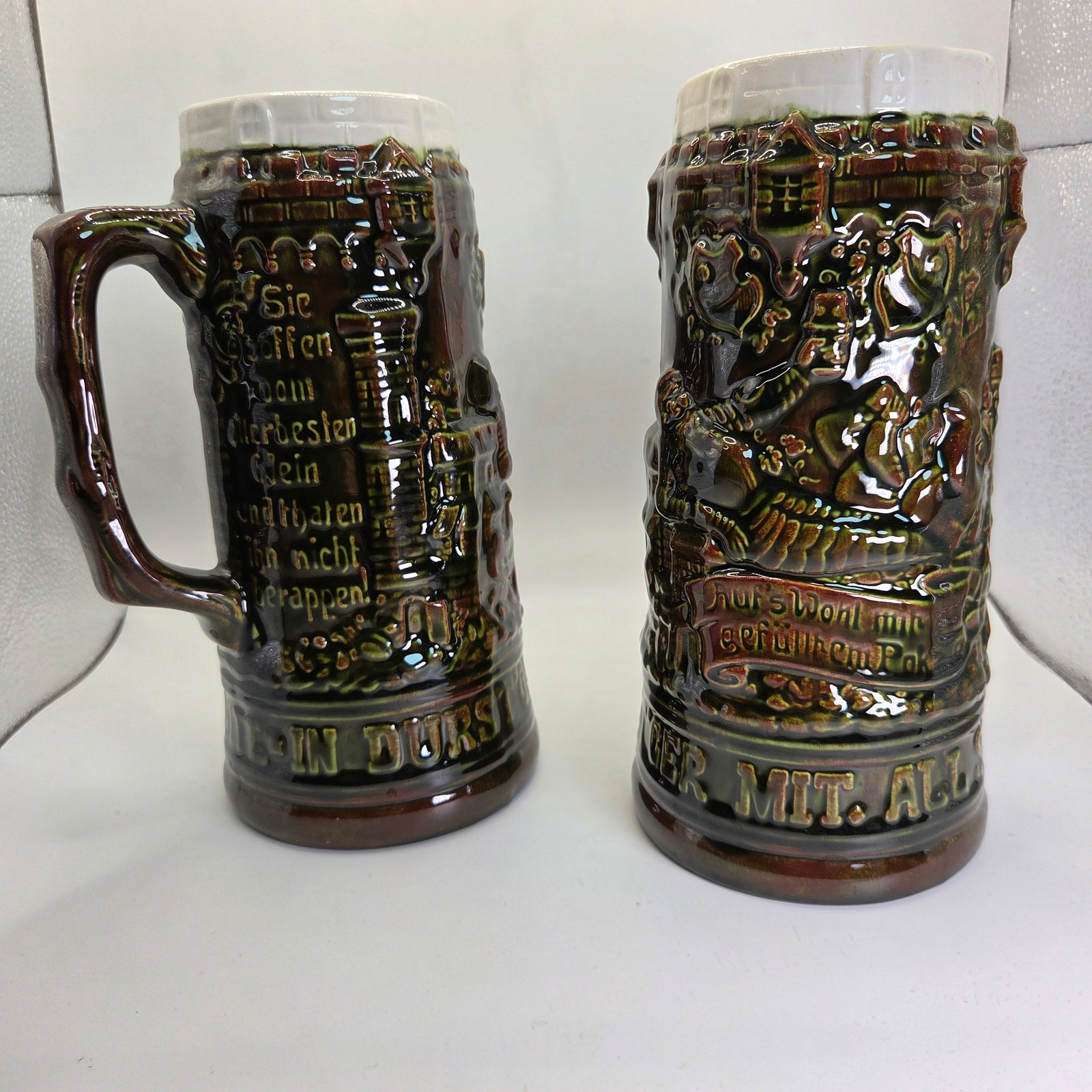 Vintage German Style Beer Steins Pair Signed “Sam :)” 8.5” Brown Glaze