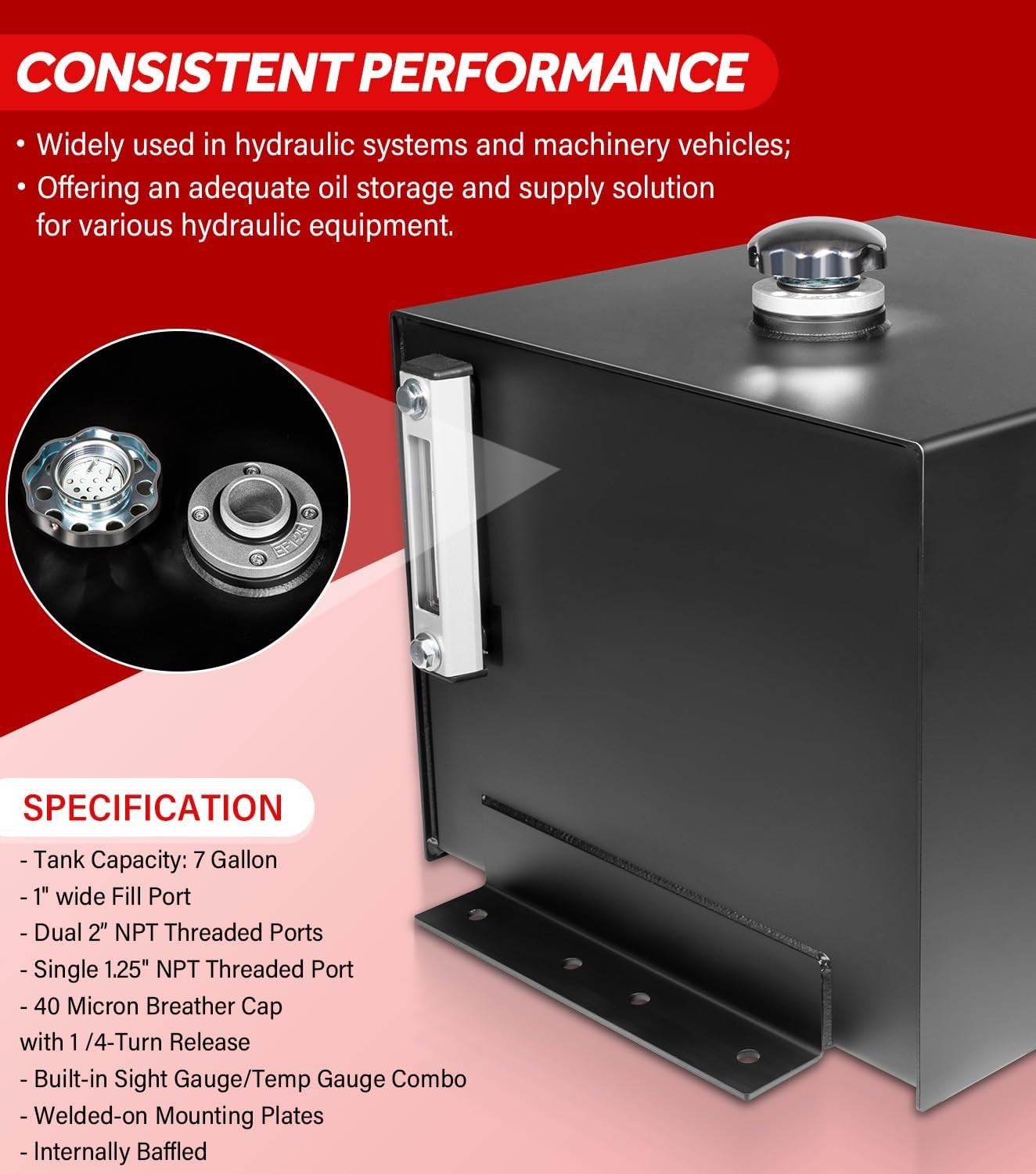7 Gallon Hydraulic Fluid Reservoir Tank with Temp Gauge, Sight-Gauge & Breather
