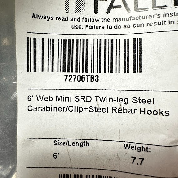 FallTech 72706TB3 Duratech 6' Mini Class 1 Personal SRL-P w/ Steel Rebar Hooks