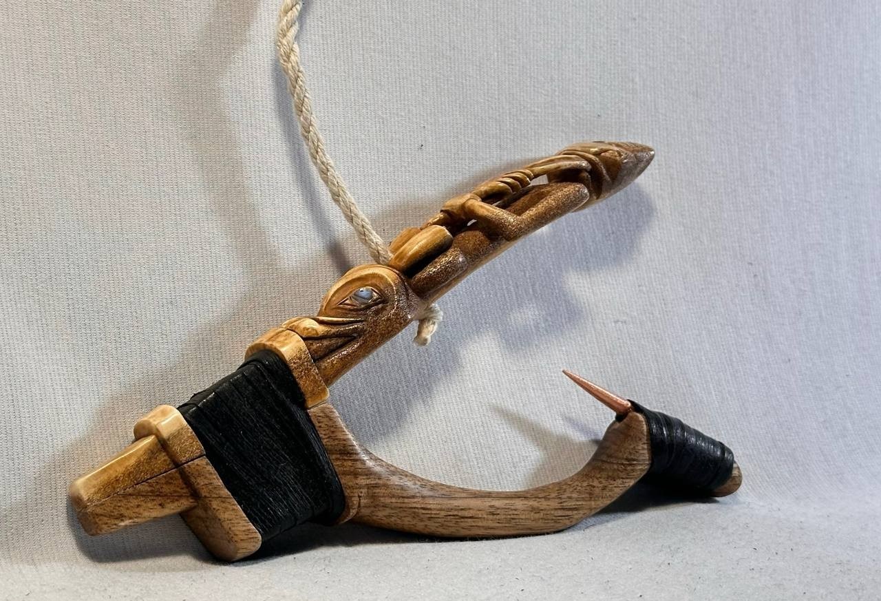 Shaman and Wolf Totem Halibut Hook, Shell Inlay, Northwest Coast Design