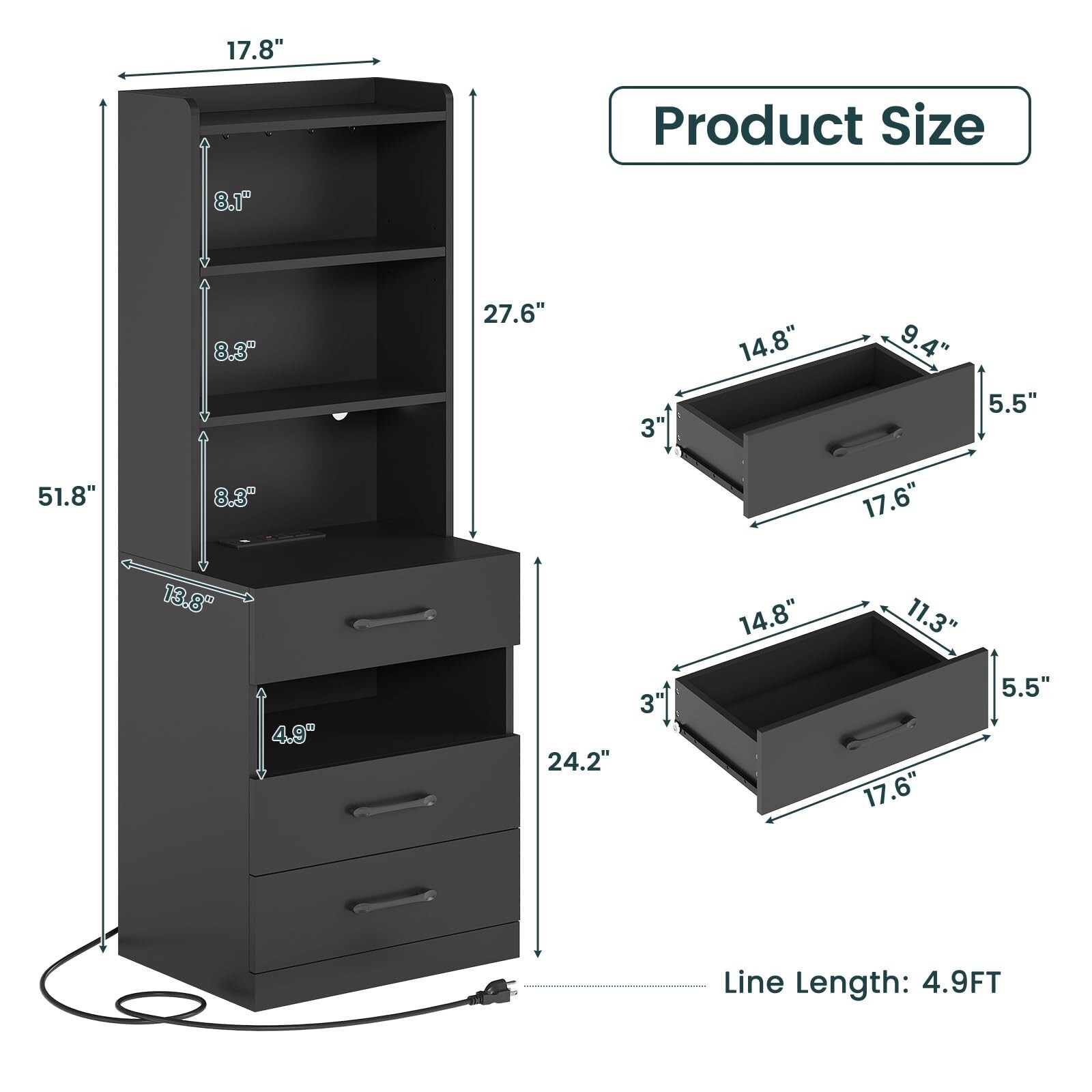 Tall Night Stand with LED Lights, Black Nightstand with 3 Drawers for Bedroom