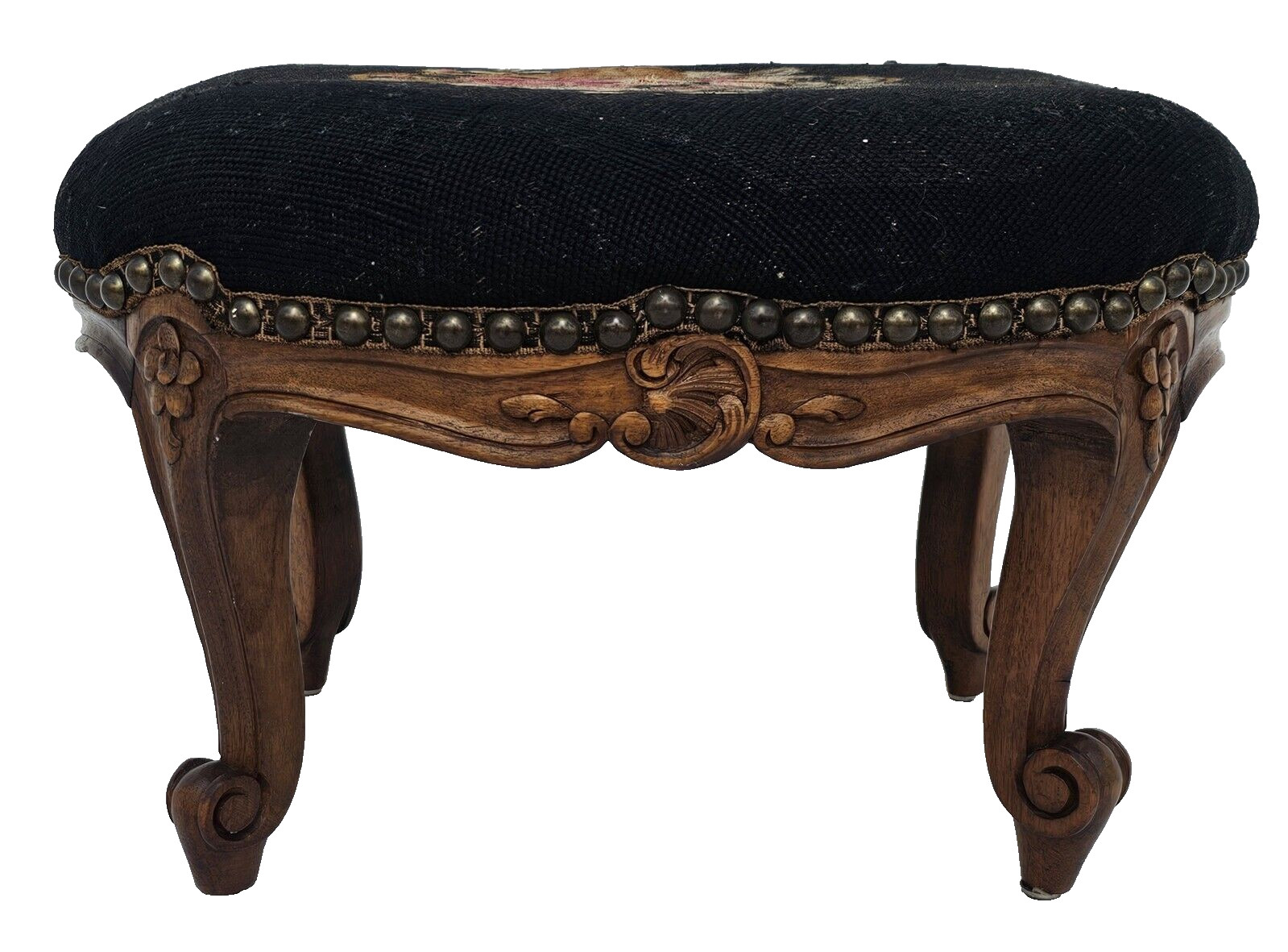 Antique 1930s French Louis XV Footstool – Carved Wood Cabriole Legs Needlepoint