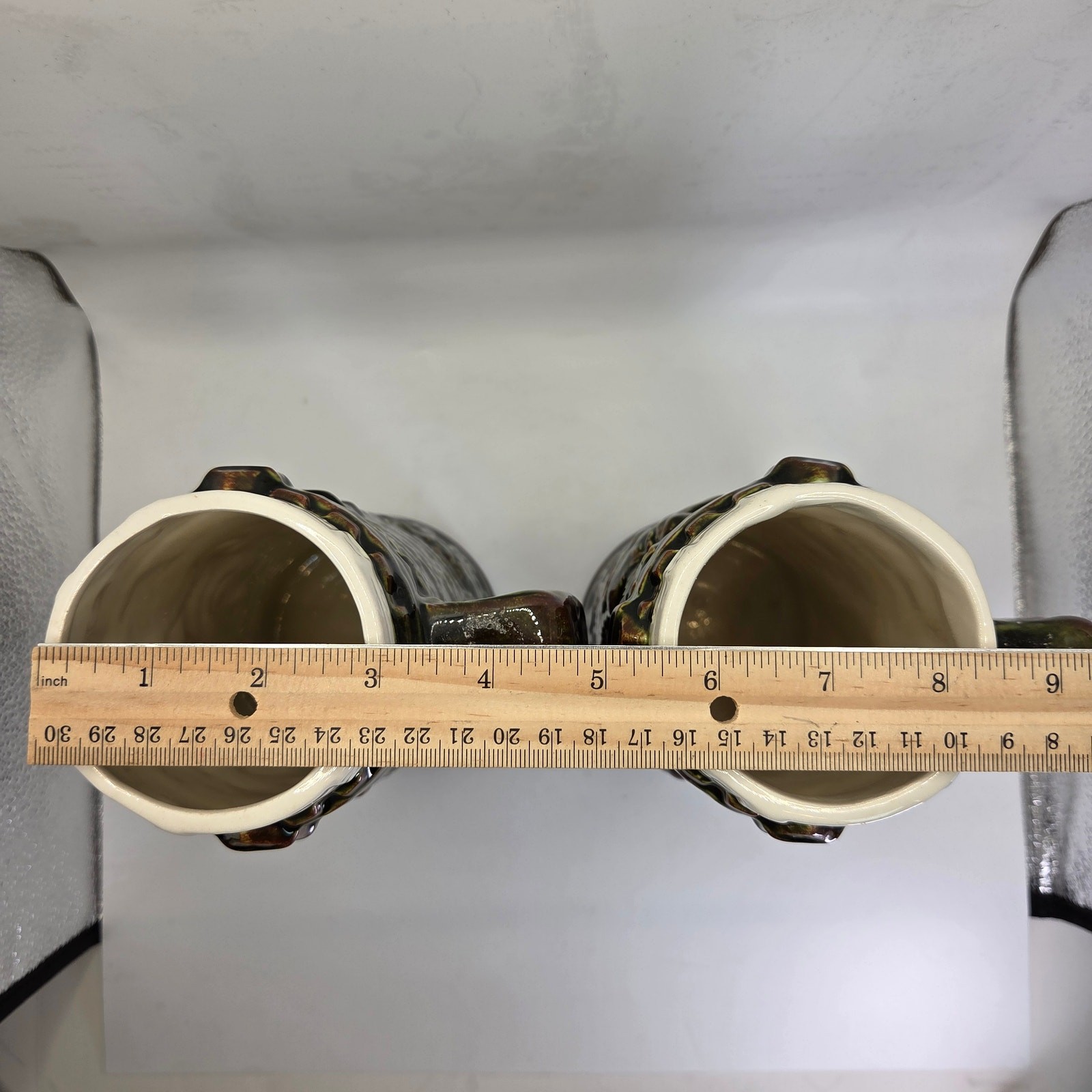 Vintage German Style Beer Steins Pair Signed “Sam :)” 8.5” Brown Glaze