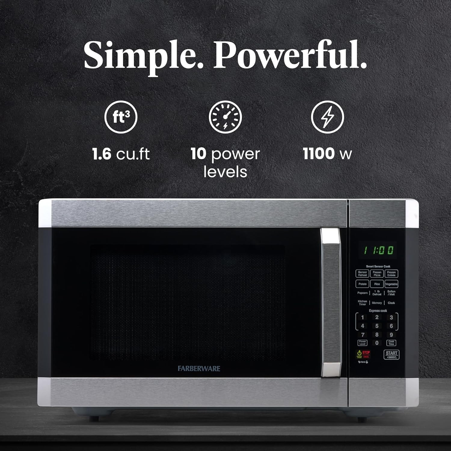 Farberware 1.6 Cu. Ft. Countertop Microwave Oven – 1100 W Power, Stainless Steel