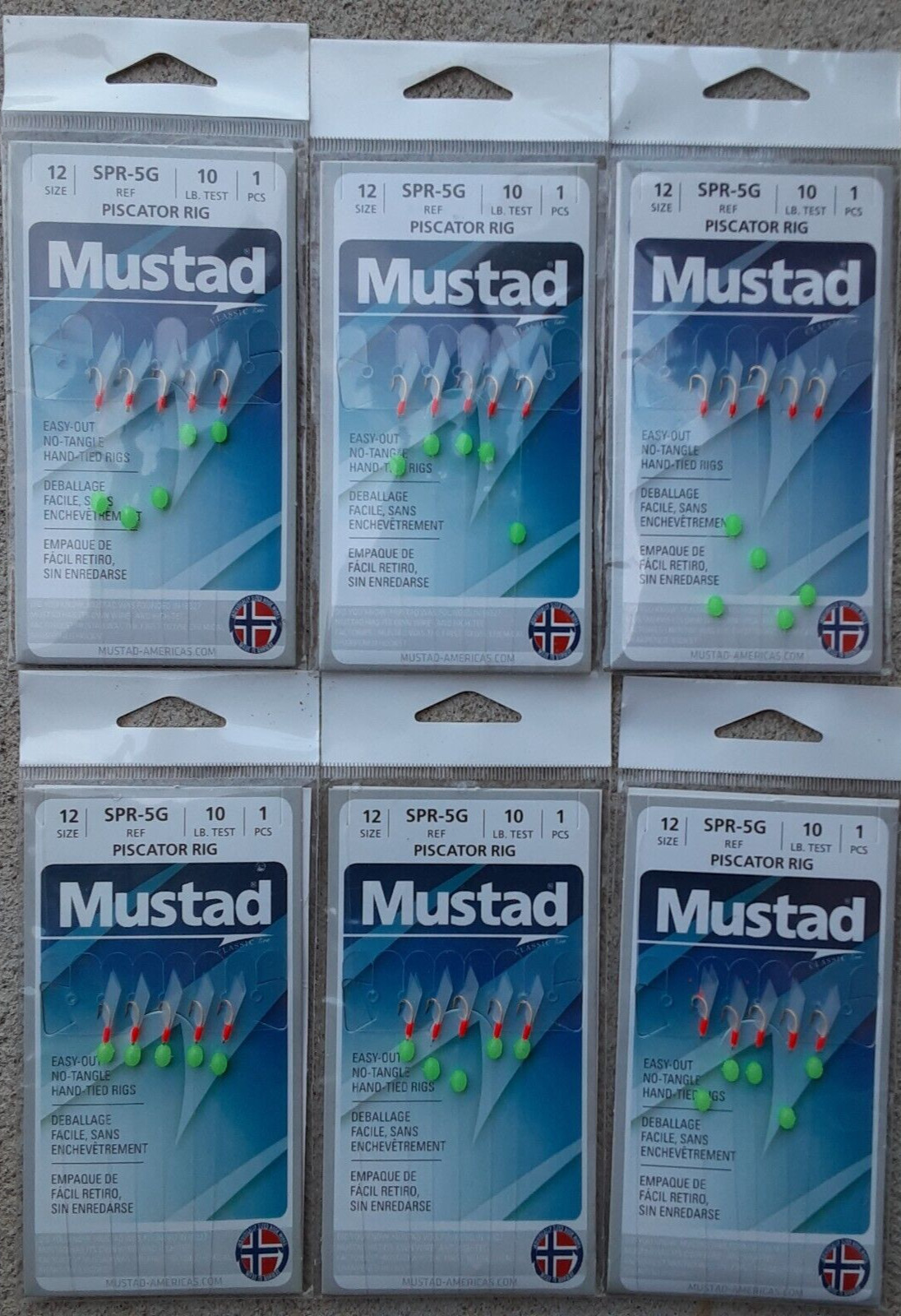 6-pack lot Mustad Piscator Bait Rigs Sabiki   Size 12 hook w/ 10 LB Line glow