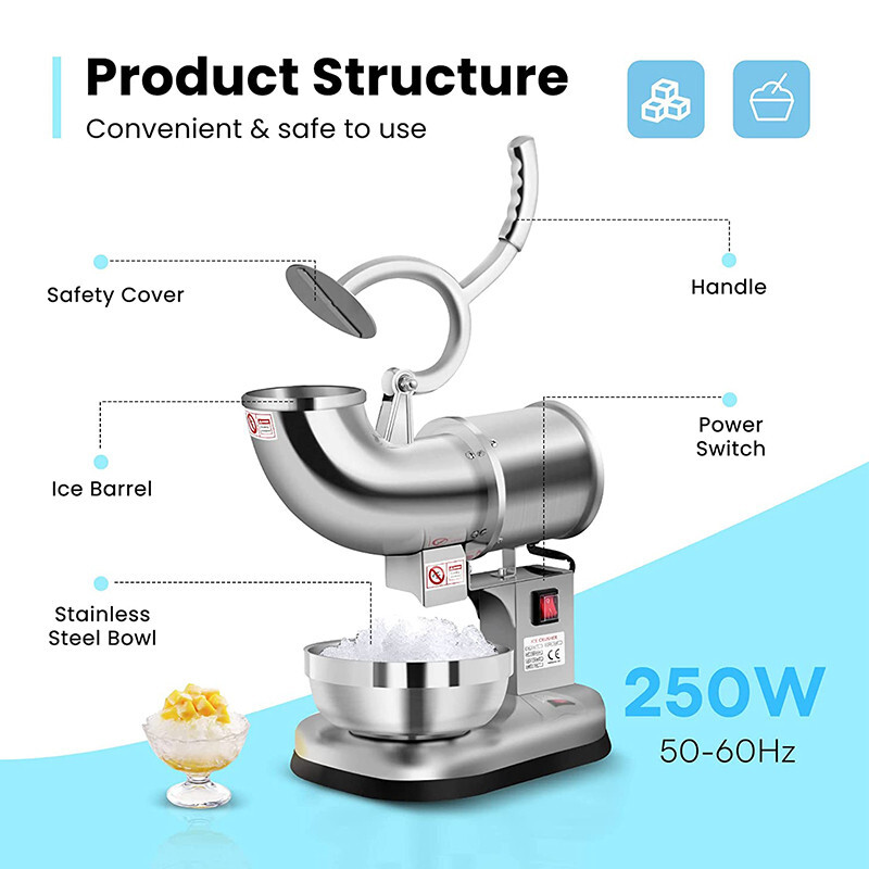 250W Electric Ice Shaver Crusher Snow Cone Maker Machine 440Lbs Stainless Steel