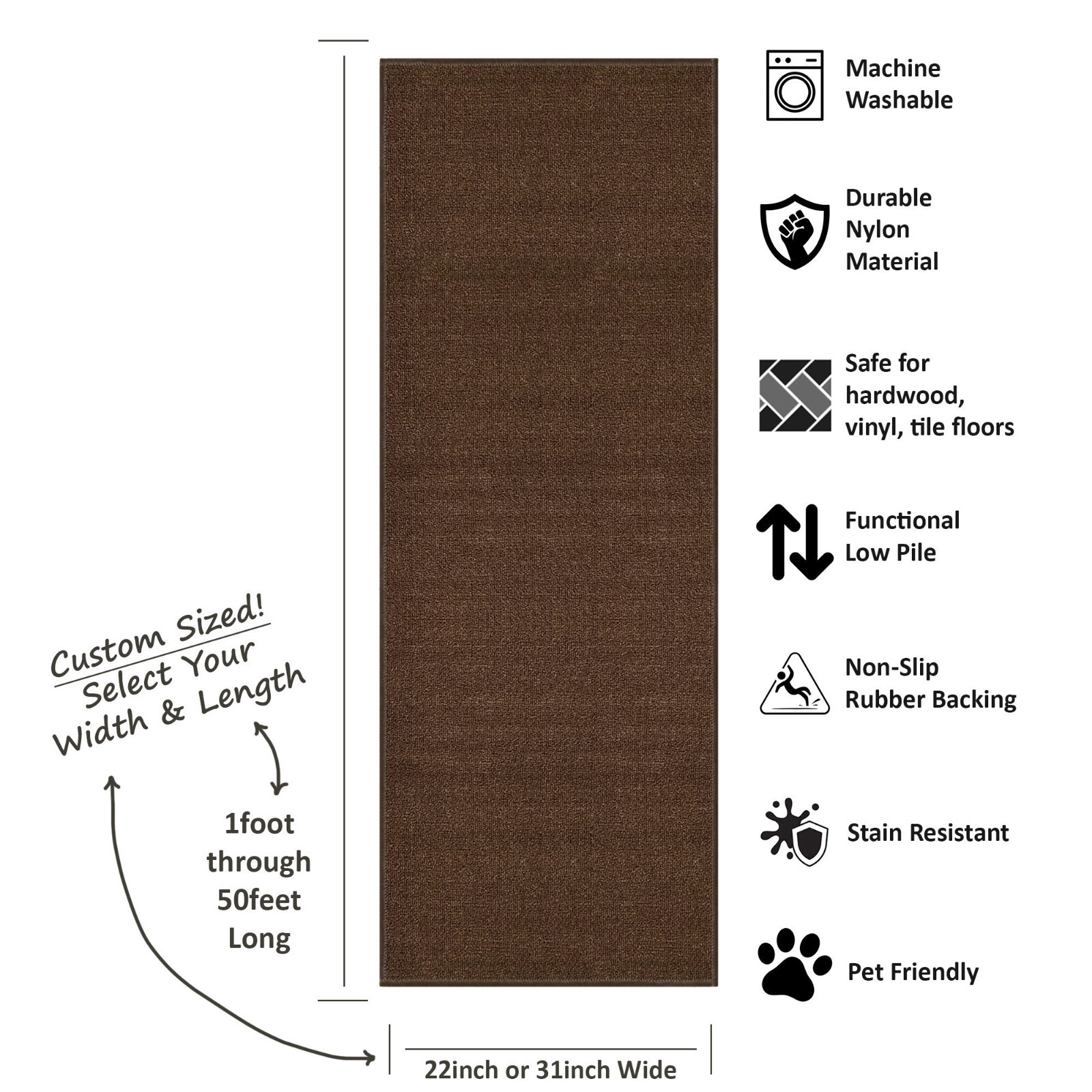 Custom Size SOLID BROWN Stair Hallway Runner Rug Non Slip Rubber Back