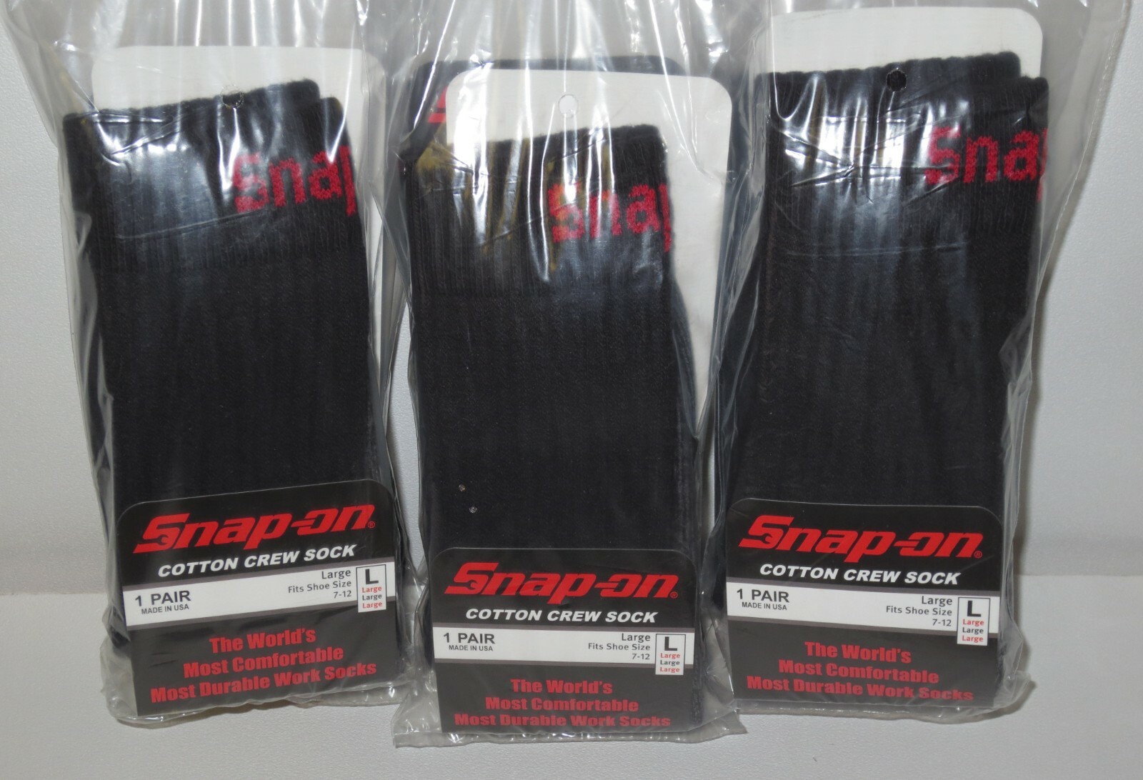 6 PAIRS - Snap-On Crew Socks Men's BLACK - LARGE ~ FREE SHIP ~ MADE IN USA *NEW*