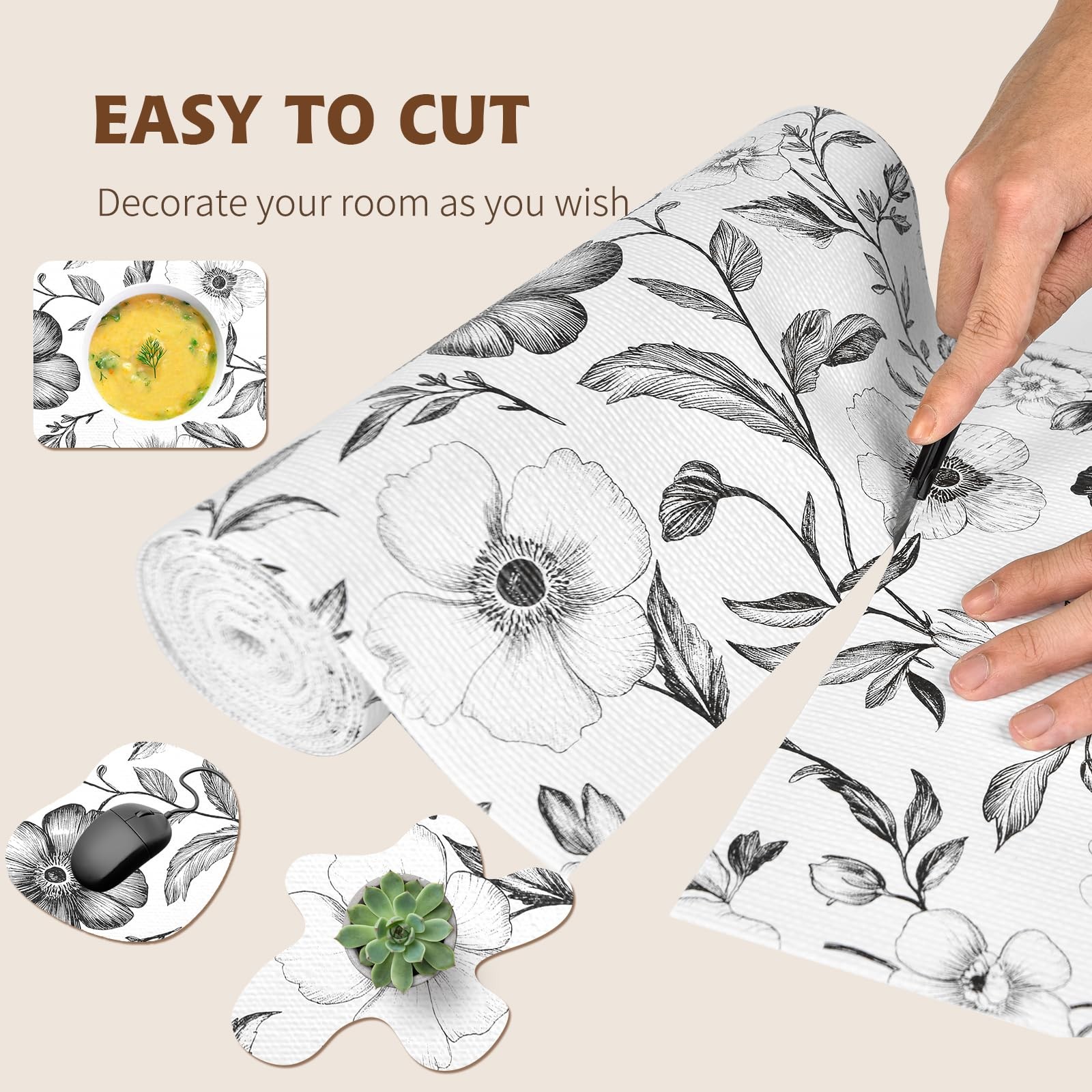 Drawer and Shelf Liner Black Flowers 12in x 20FT, Non Adhesive Anti-Slip Doub...