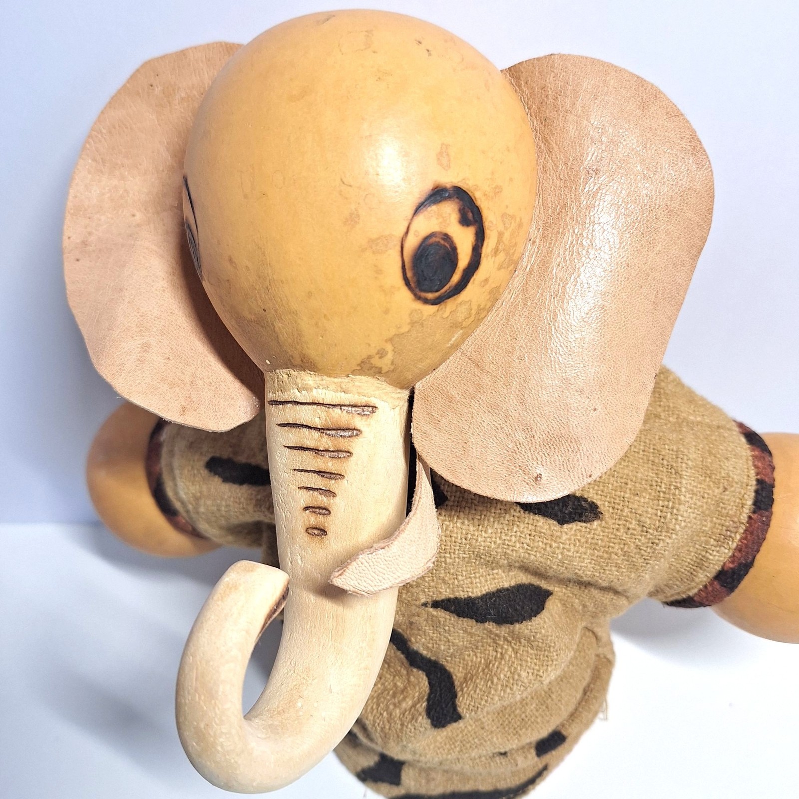 African Elephant Gourd Puppet Leather Handmade Ears Tusks Tribal Fabric READ