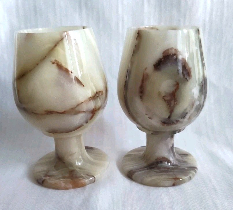 6 Polished Onyx Marble Stemmed Natural Stone 5" Wine Sherry Goblets Chalice Case