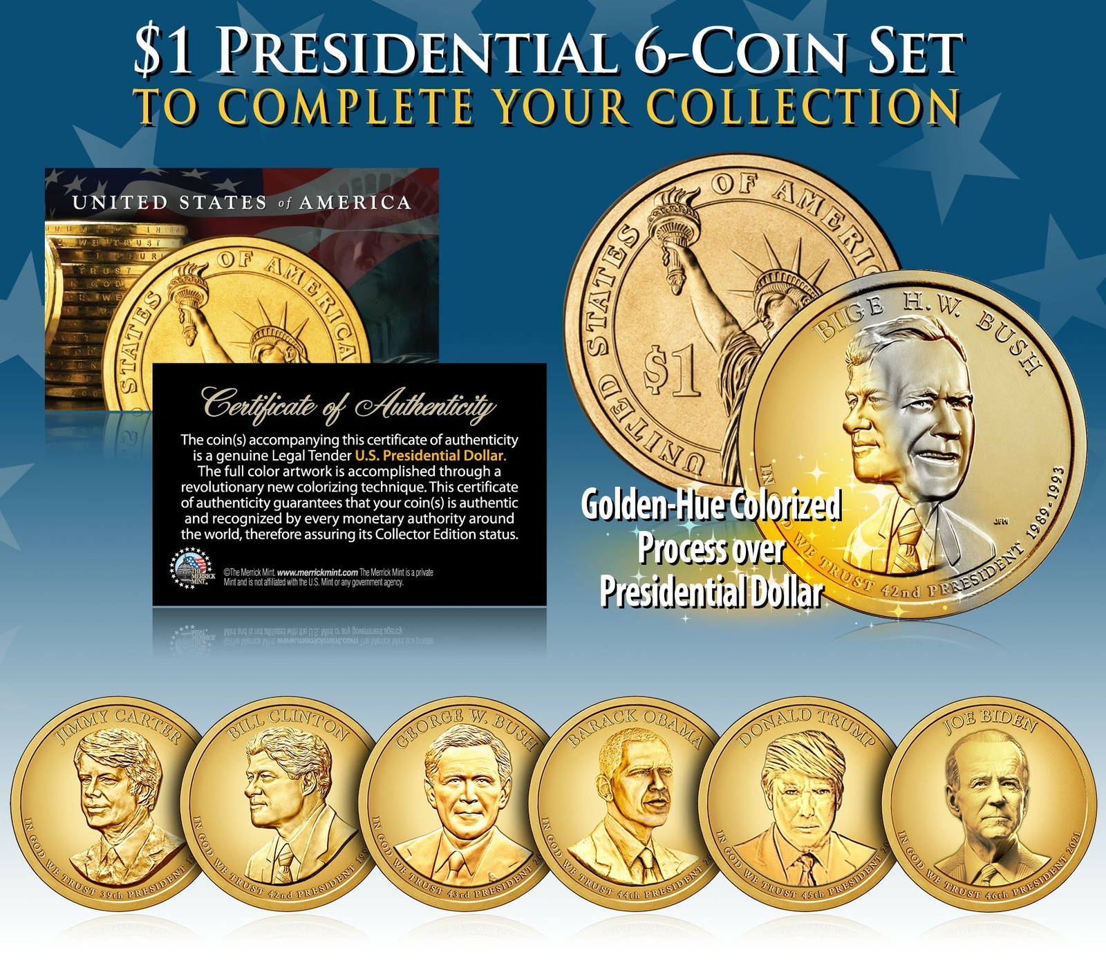 LIVING PRESIDENTS TRUMP & BIDEN Presidential Dollars 6-COIN SET Color GOLDEN-HUE