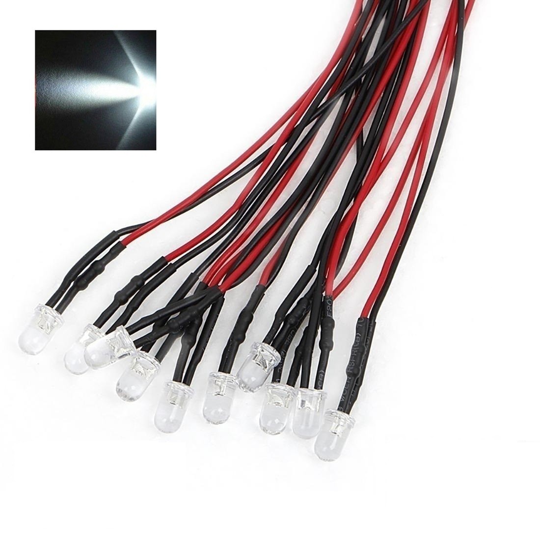 10x White LED Light Single Bulb Pre-Wired Light 5-12V 5mm Bright Round Top Clear