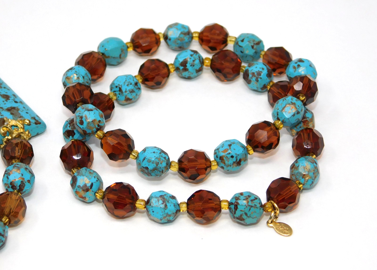 Vintage JOAN RIVERS Faux Turquoise & Amber Glass Necklace Bracelet Earrings Set