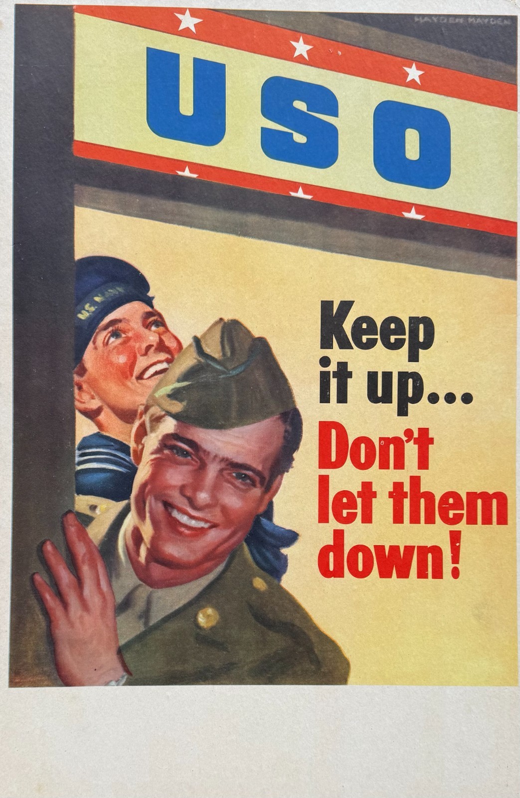 Original Vintage WWII USO Tag Board Poster Keep It Up Don't Let Them Down 21x14