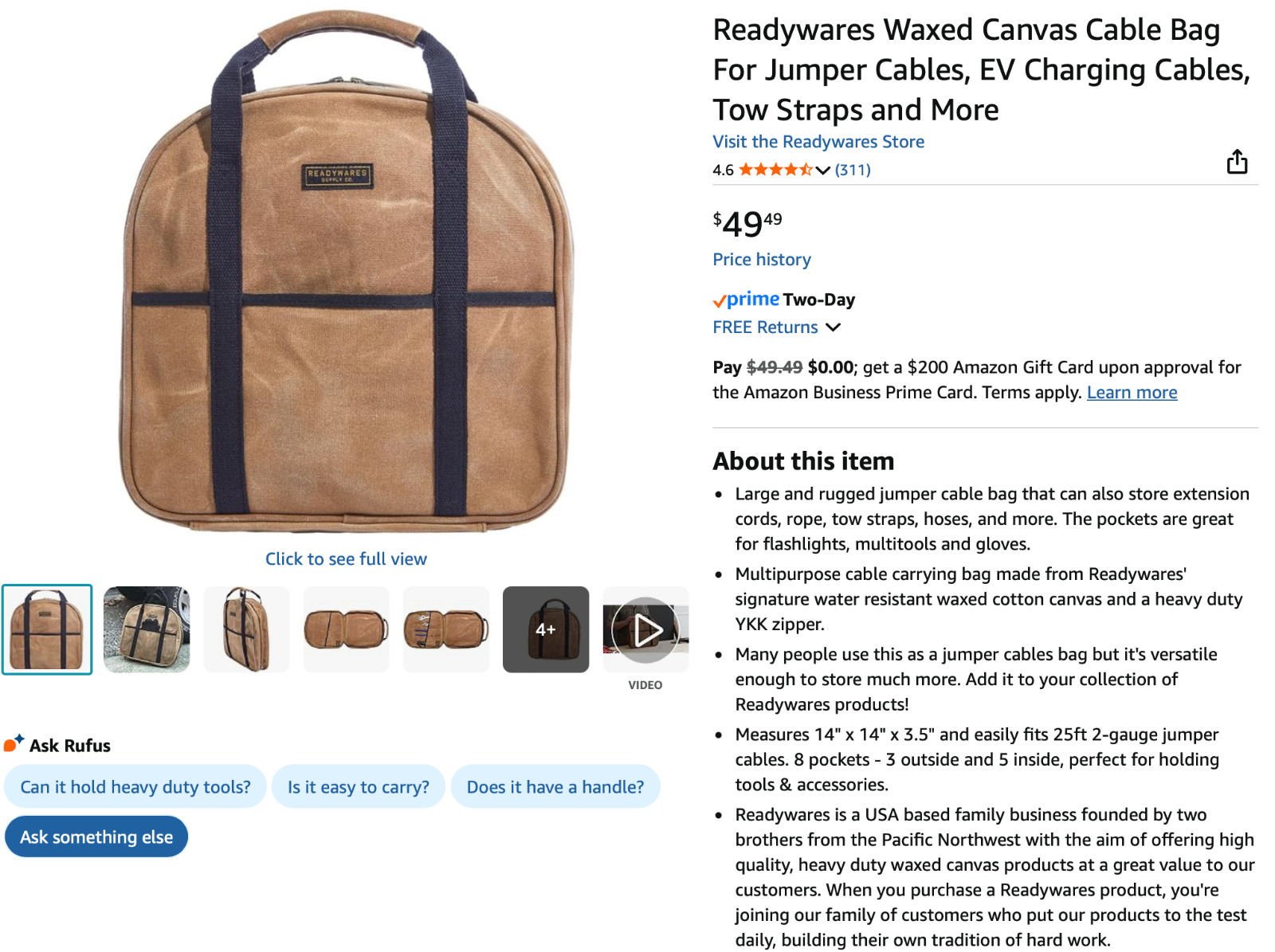 Snap-On 20' Jumper cables with Waxed Canvas Cable Bag, BC20500A