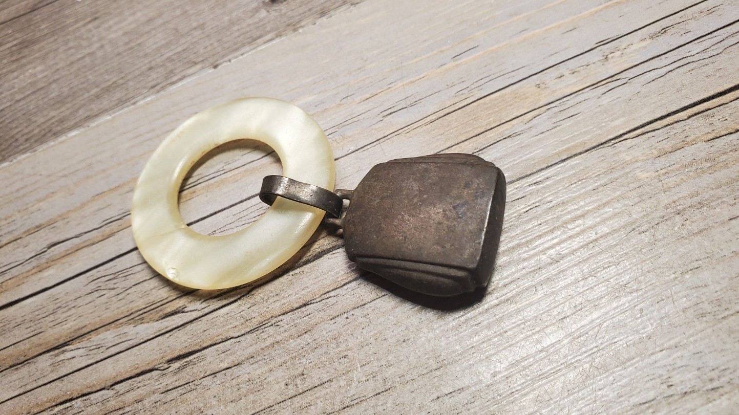 Antique Sterling Silver Mother of Pearl Art Deco Cowbell Baby Rattle Heirloom