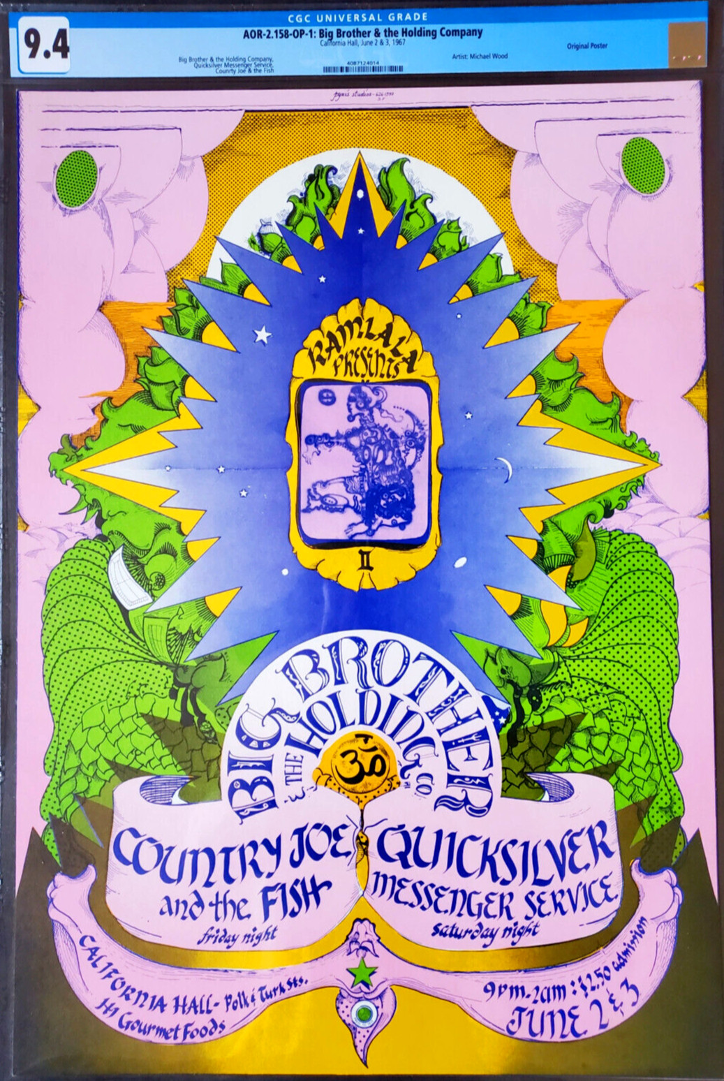 NM CGC Graded 9.4 AOR 2.158 Big Brother Janis Joplin 1967 California Hall Poster