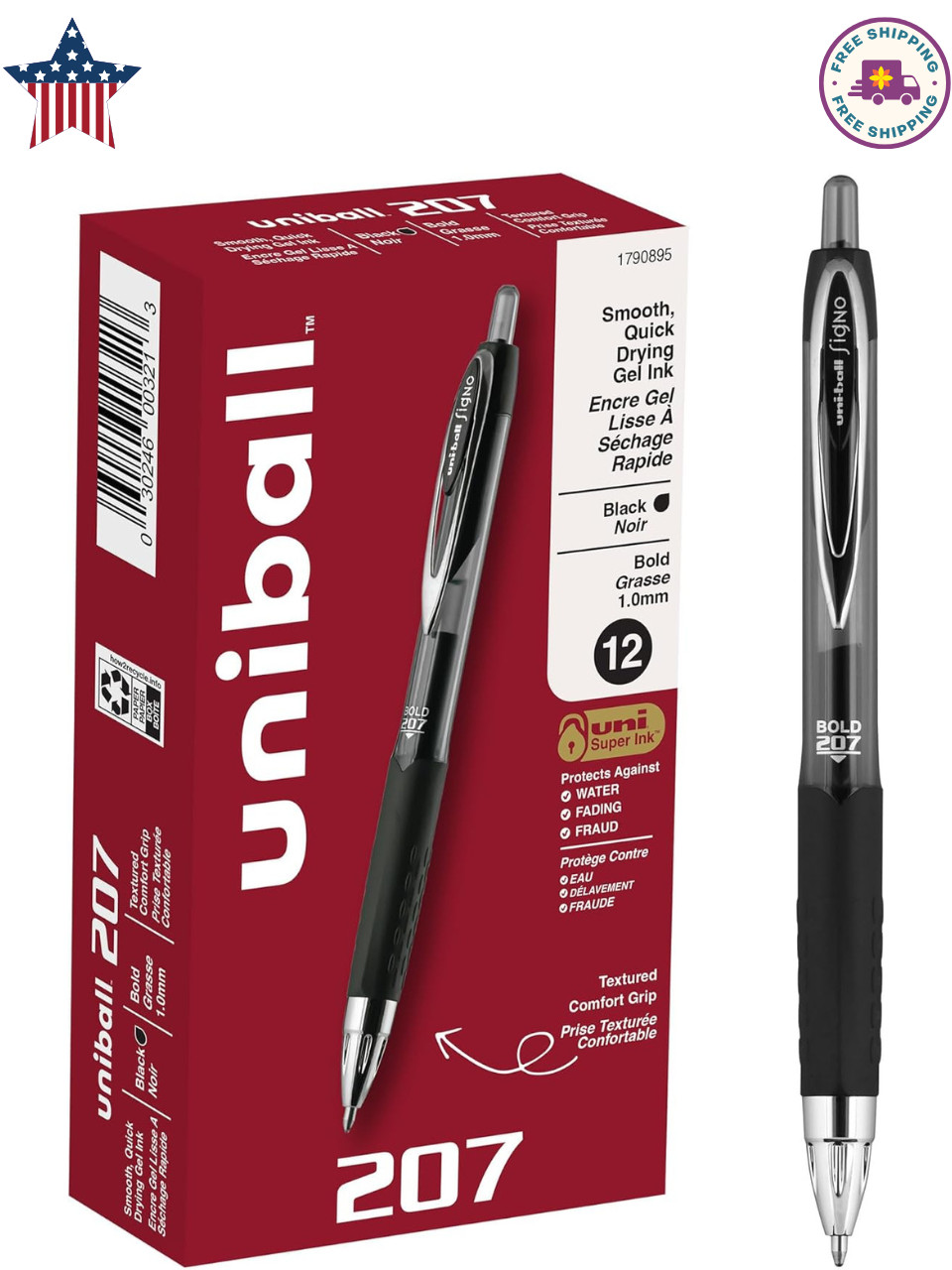 Uni-Ball 1790895 Signo 207 Retractable Gel Pen, Bold Point, Black Ink, 12-Count