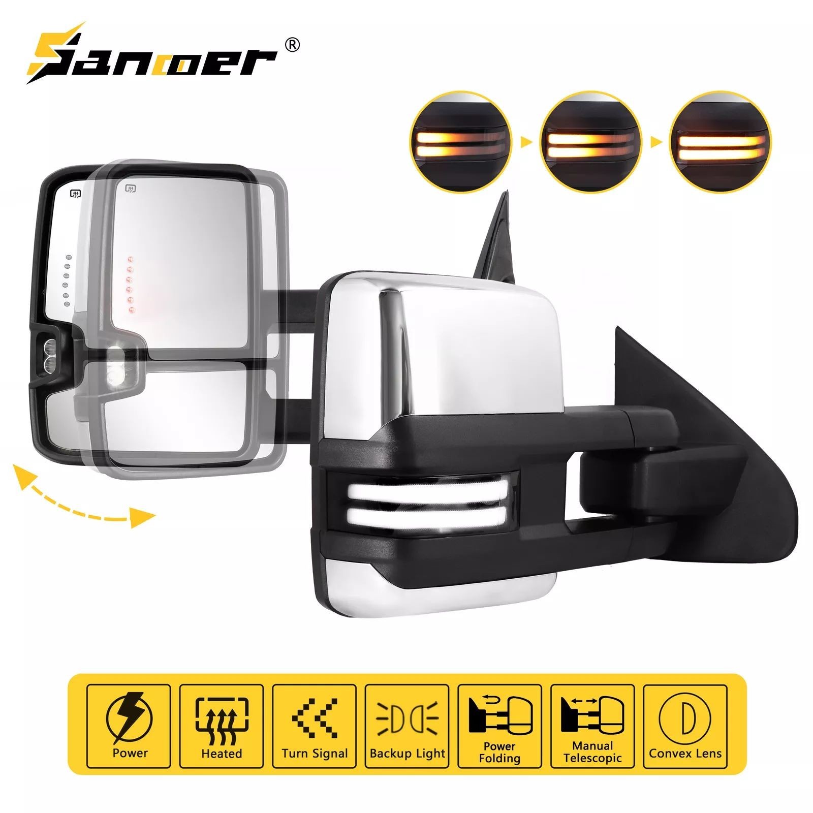 Chrome Tow Mirrors Power Fold For 2015-2019 Silverado GMC Sierra 2500HD 3500HD