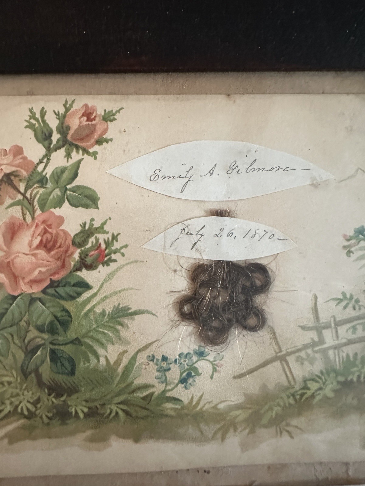 Antique Victorian Hairwork Calling Card Framed Ephemera