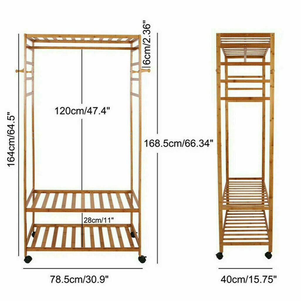 Bamboo Clothes Rail Rack Garment Storage Organizer Hanging Shelf On-Wheels DIY