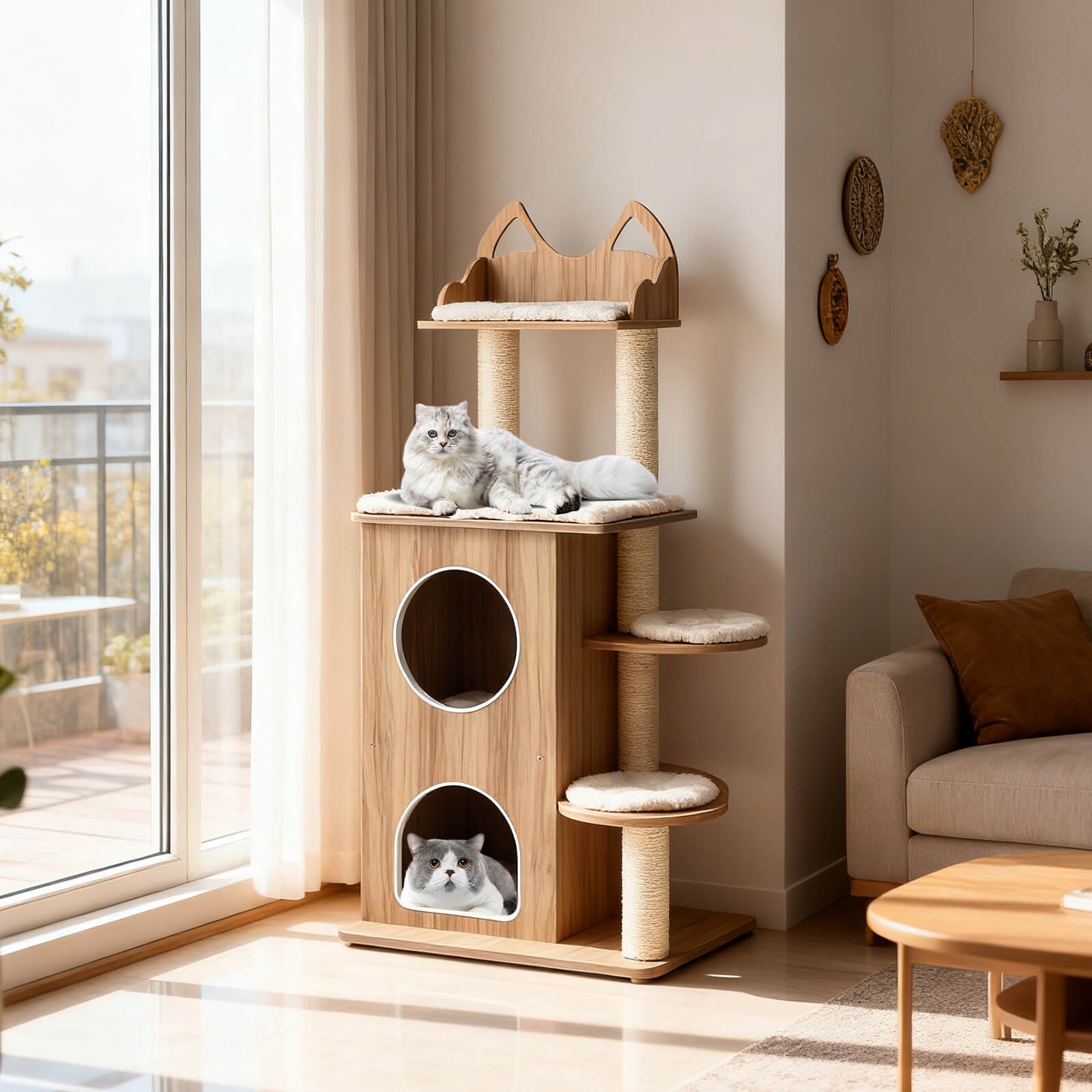 Wooden Cat Tree 48" Cat Tower for Indoor Cats w/ 2-floor Condo Cute Top Perch