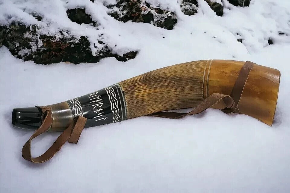 Viking War Horn - 16" Genuine Ox-Horn Battle Trumpet - Premium Hand Engraved