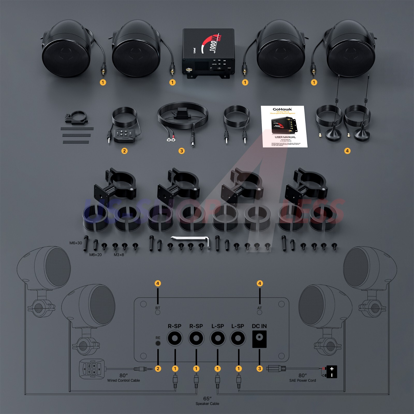 1000W AMP Waterproof Bluetooth Stereo 4 Speakers Audio Music System Radio Harley