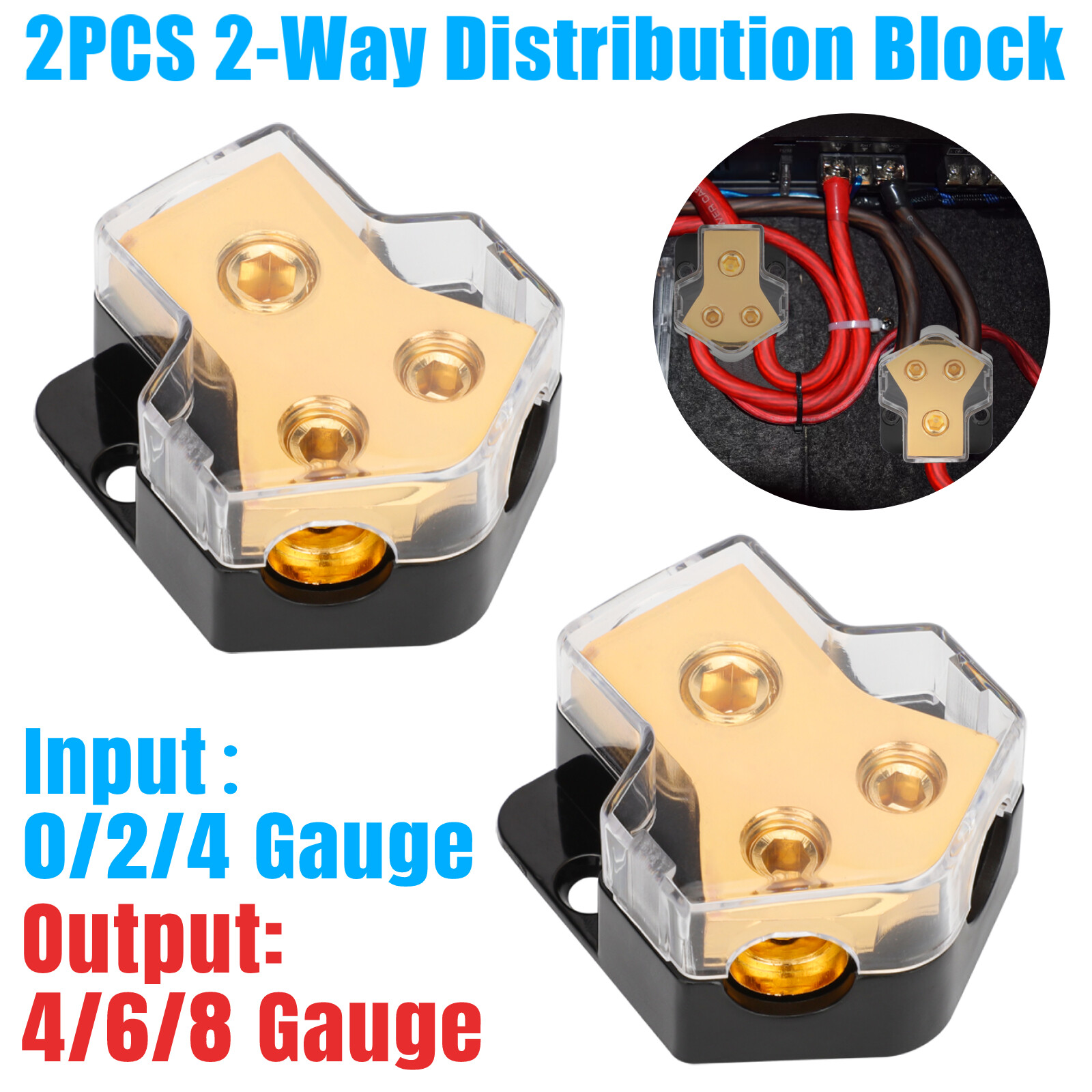 2PCS Power Ground Amp Distribution Block 0/2/4 Gauge Input 4/6/8 Gauge Output