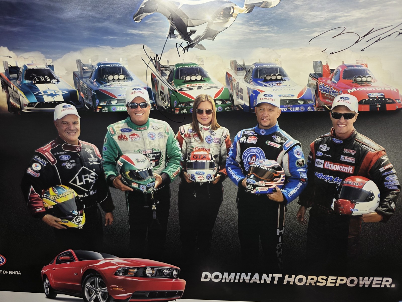 36" X 24" Autographed Ford Mustang Funny Car Poster John Force, Bob Tasca iii,