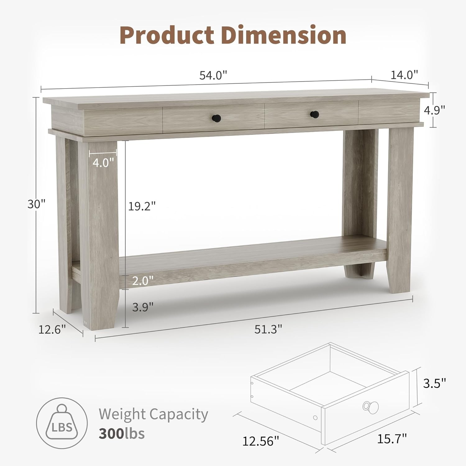 54" Wooden Console Table, Entryway Table with Drawers & Open Storage Shelf