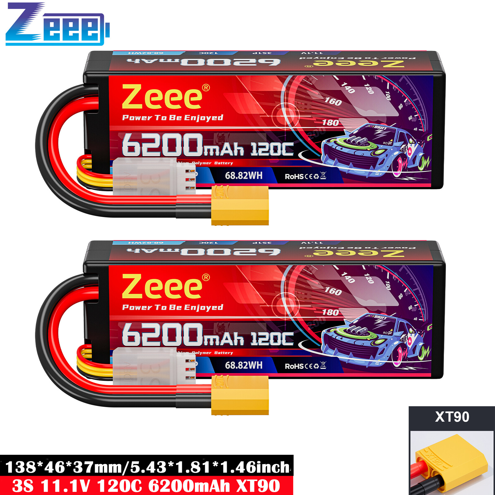 2x Zeee 3S Lipo Battery 6200mAh 11.1V 120C Hard Case XT90 for RC Car Tank Trucks