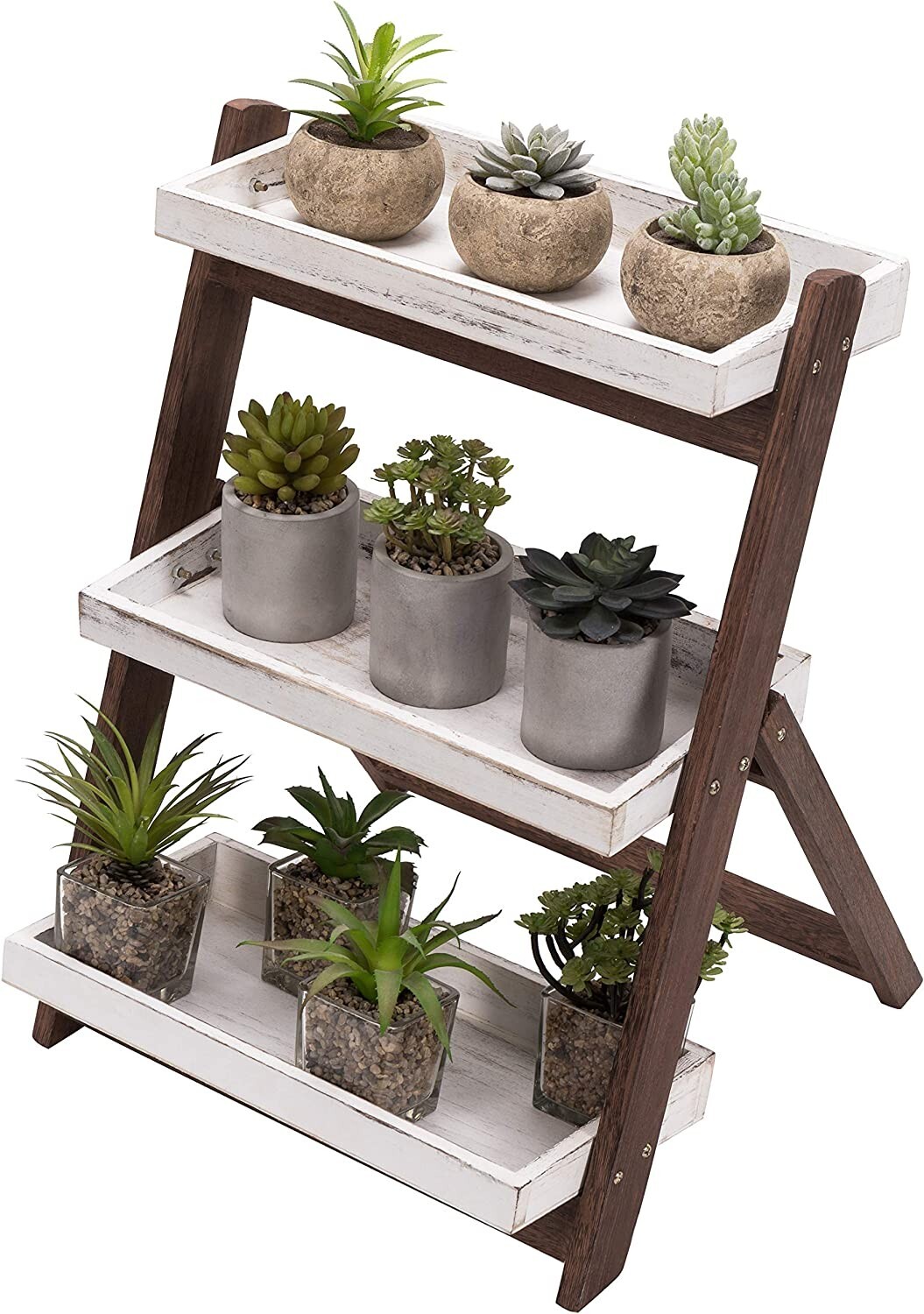 Burnt Brown Wood 3-Tier Shelf Stand, Freestanding Ladder Shelf, Display Stand