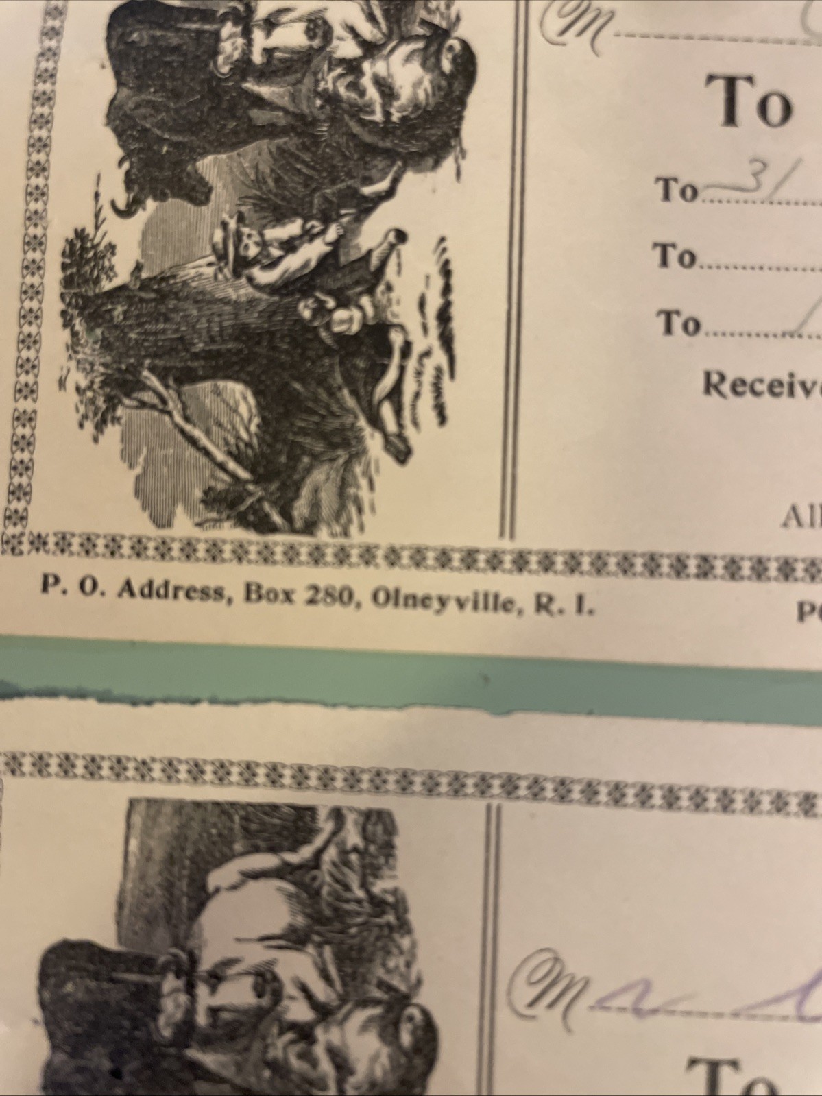 (2) 1902 Johnston Rhode Island Milk Receipts Litho Kids/cow E. B. Burlingame