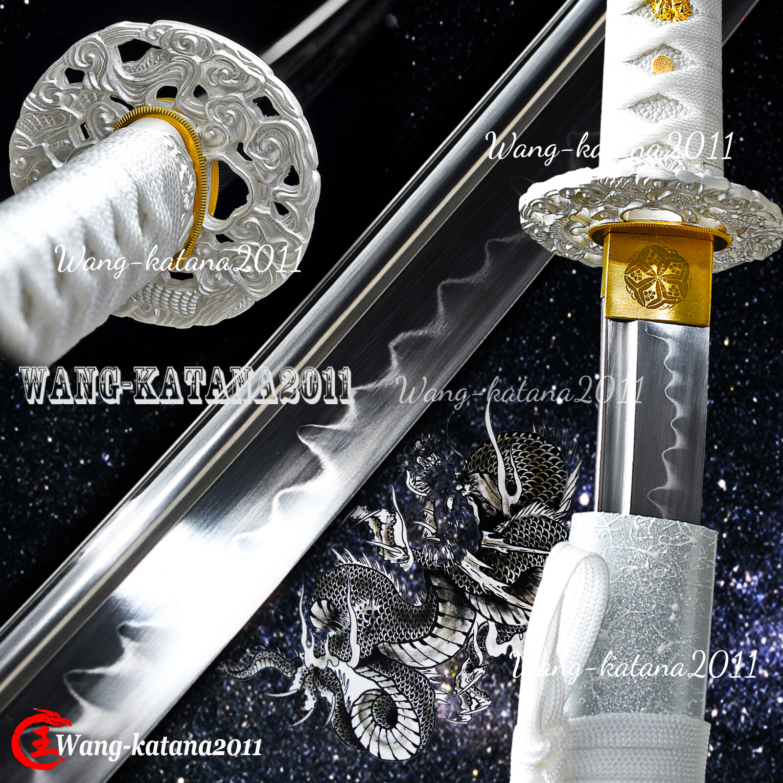 Full Tang Sharp Elegant Silver Dragon Japanese Sword Katana T10 Clay Tempered