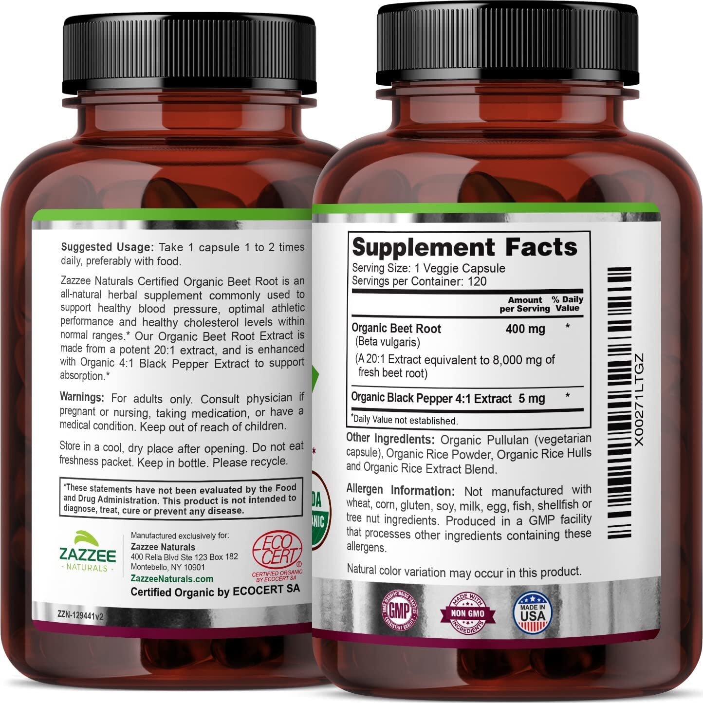 USDA Organic Extra Strength Beet Root 20:1 Extract 8000 mg Strength 120 Capsules