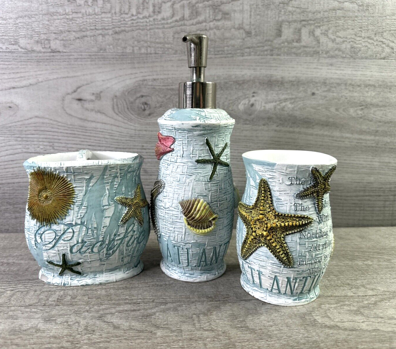 3 Piece Set Ocean Beach Theme Bathroom Soap Dispenser, Toothbrush Holder & Cup