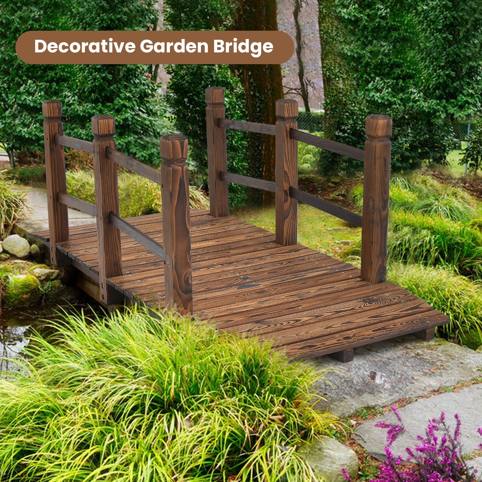5 FT Wooden Garden Bridge Decorative Stained Finish Footbridge w/Safety Rails