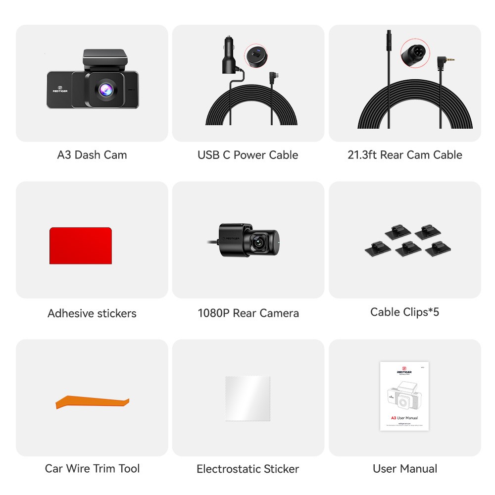 REDTIGER A3 3 Channel Dash Camera With 128GB+32GB Card 2.5K+1080P+1080P IRCamera