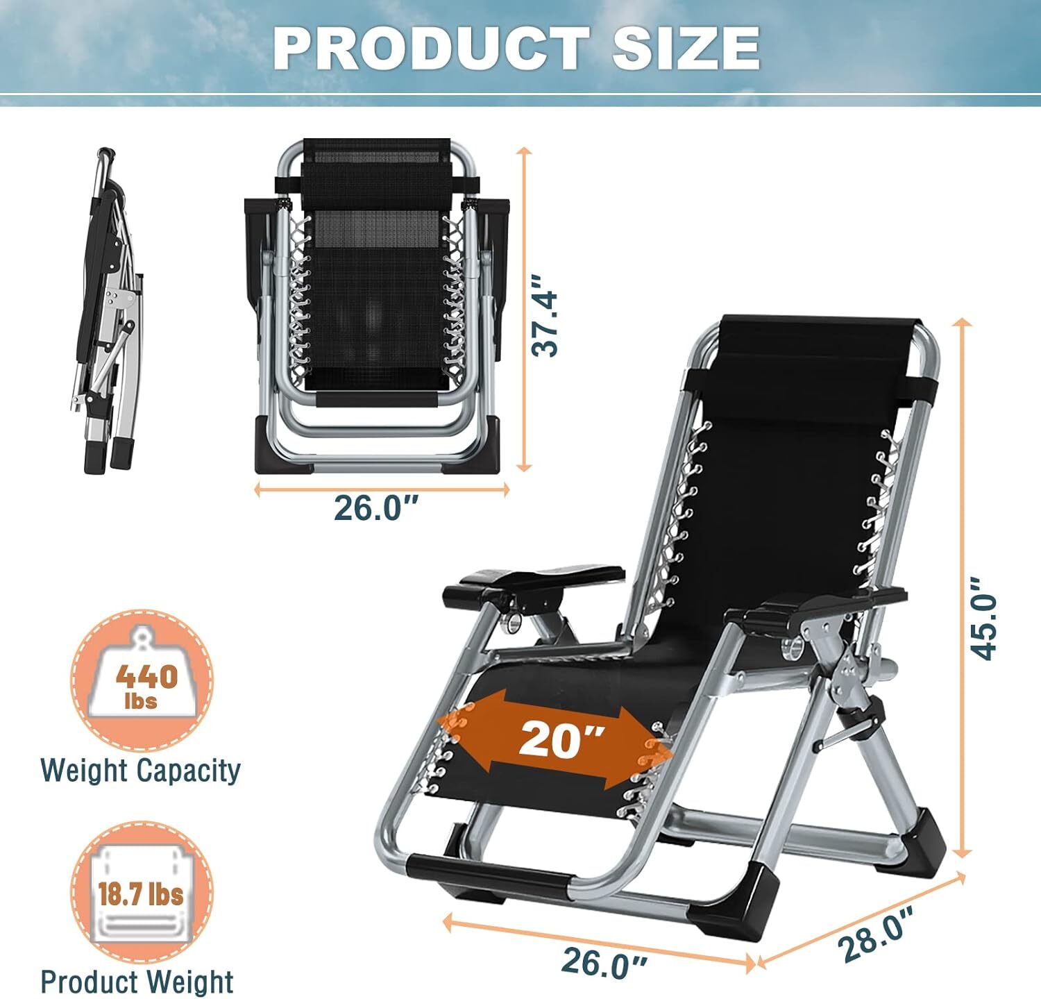 NAIZEA Zero Gravity Chair, Premium Lawn Recliner Folding Chaise Lounge & Cushion