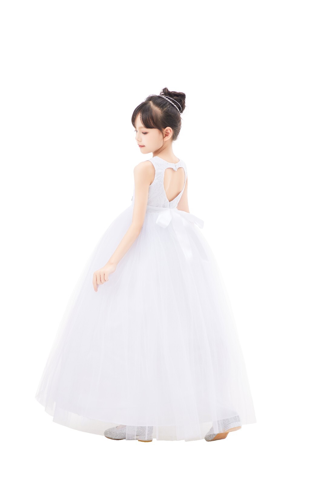 Heart Cutout Floral Lace Flower Girl Dress with Rhinestone Birthday Dresses